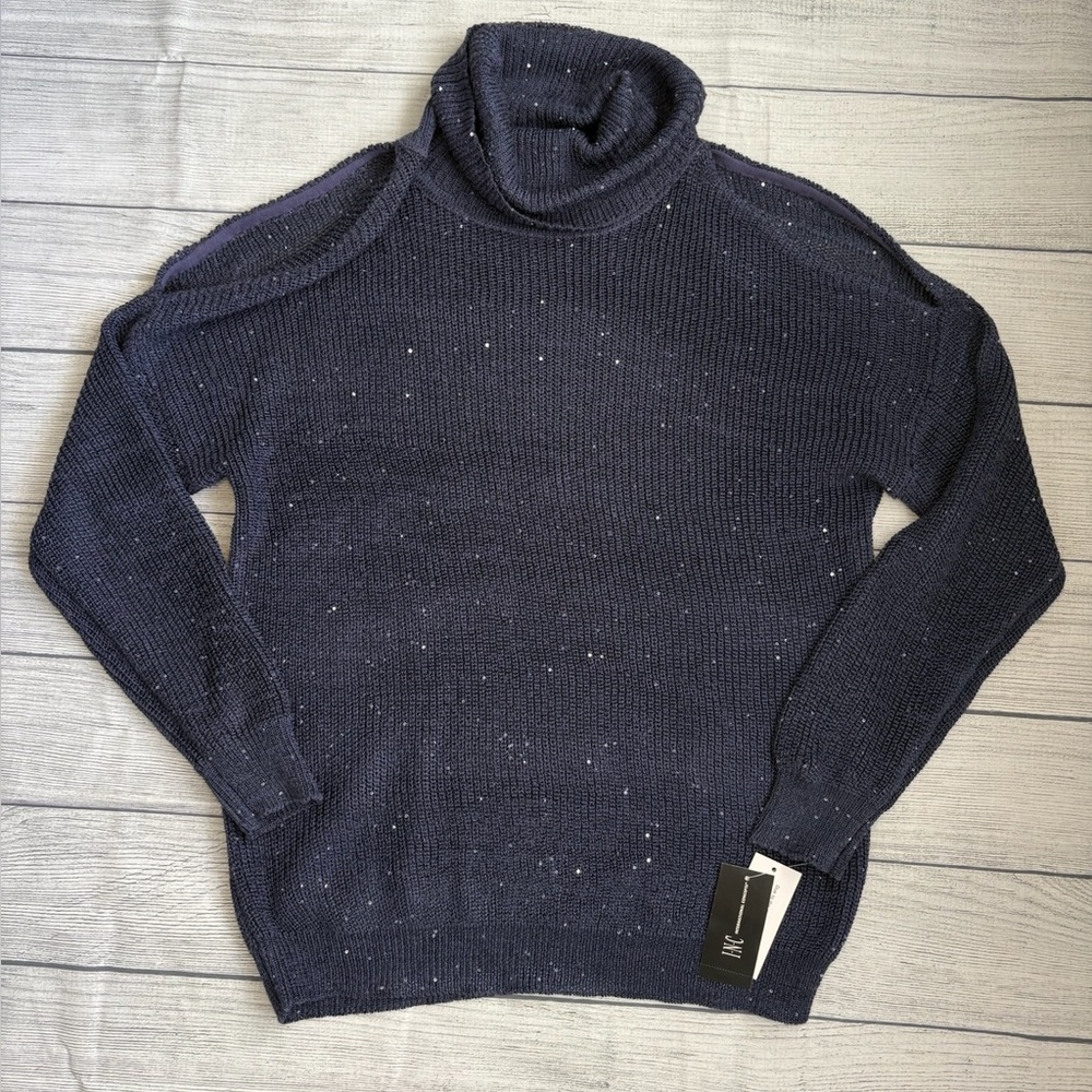 NWT INC International Concepts Sequin Cold Shoulder Turtleneck Sweater Inkberry♡